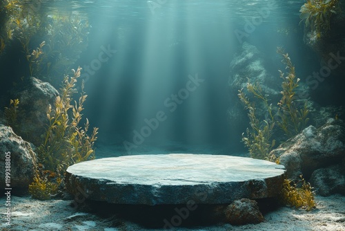 Underwater sunlit stone platform surrounded by aquatic plants ocean environment serene viewpoint nature concept photo