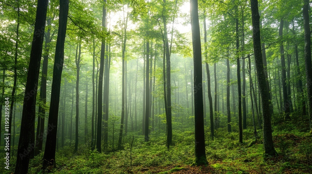 Obraz premium Lush green forest landscape enveloped in mist and fog with tall trees creating serene atmosphere and ample empty space for text insertions