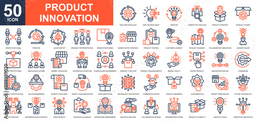 Product Innovation icon collection set. Product management, artificial intelligence, creativity, supply chain management, product idea icon. Simple line color vector.