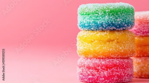 Colorful stacked tea cakes in vibrant shades of pink, yellow, green, and blue on a soft pink background, highlighting their sugary texture and inviting presentation.