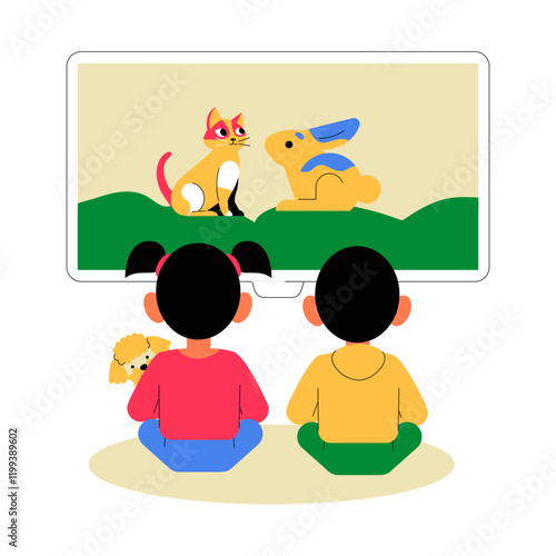 Children Watching Cartoon On Screen In Flat Vector Illustration Symbolizing Entertainment, Bonding, And Fun, Isolated On White Background