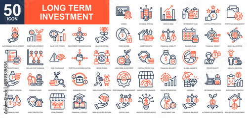 Long Term Investment icon collection set. Investing, market trends, tradding, stock market, market economy icon. Simple line color vector.