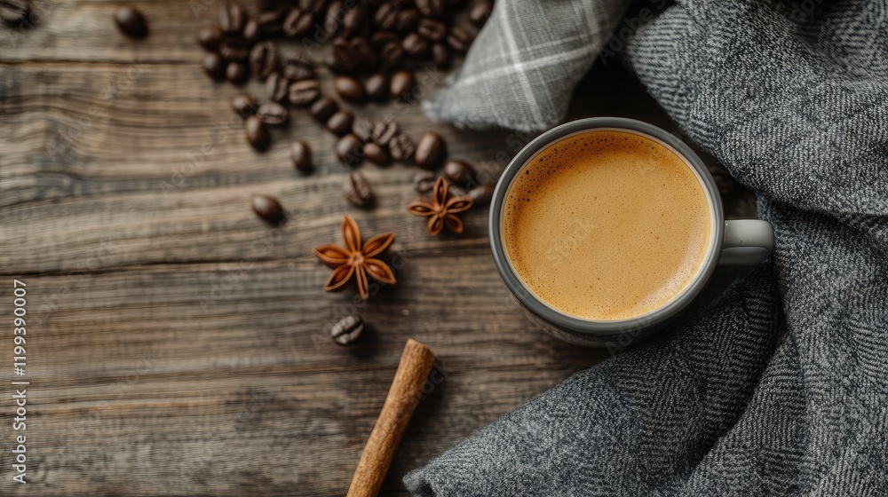 Cozy cup of coffee with creamy foam on rustic wooden background surrounded by coffee beans cinnamon sticks and star anise providing empty space for text Cozy cup of coffee with creamy foam on rustic wooden background surrounded by coffee beans cinnamon sticks and star anise providing empty space for text