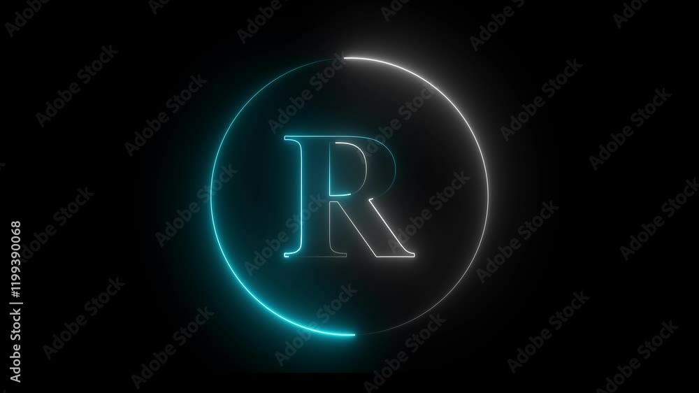 neon light glowing R icon. neon circle symbol glowing neon light 4k animation on black background. neon light glowing R icon. neon circle symbol glowing neon light 4k animation on black background.