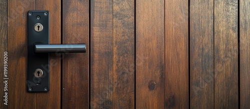 Modern Mortise Door Lock System on Smooth Dark Wooden Background Featuring Text Space for Branding and Advertising Promotions photo