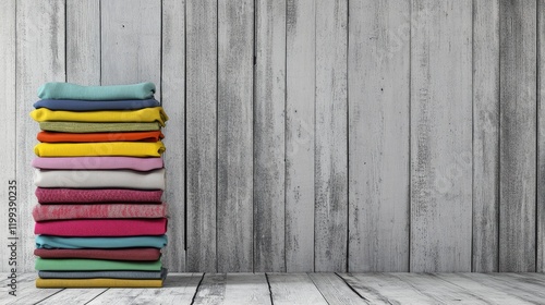 Vibrant Colorful Stacks of Neatly Folded Clothes in Various Shades against a Light Grey Wooden Wall Background with Ample Copy Space for Text photo