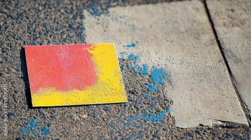 Colorful Abstract Sticker on Textured Gray Cement Pavement with Vibrant Red and Yellow Paint Accents and Empty Area for Custom Text Placement photo