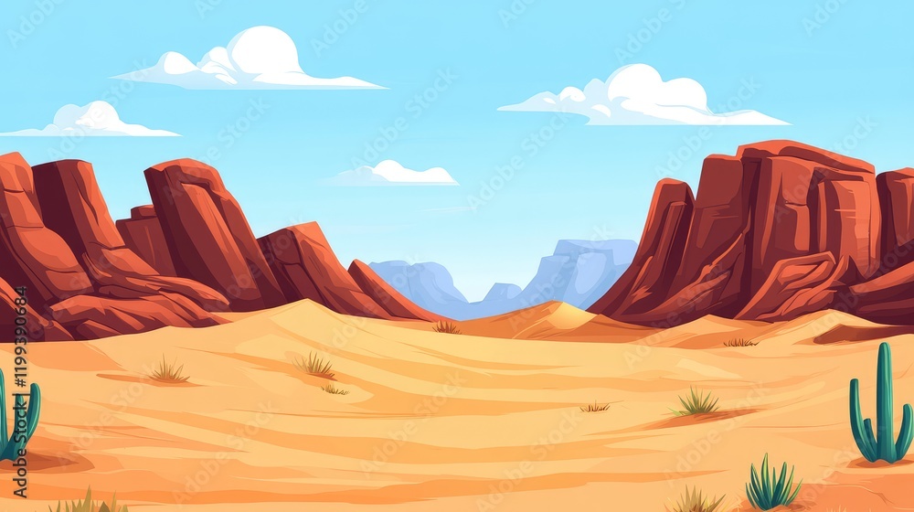 Naklejka premium Desert Landscape Featuring Rocky Sand Dunes and Sandstone Cliffs with Clear Sky and Empty Space for Text