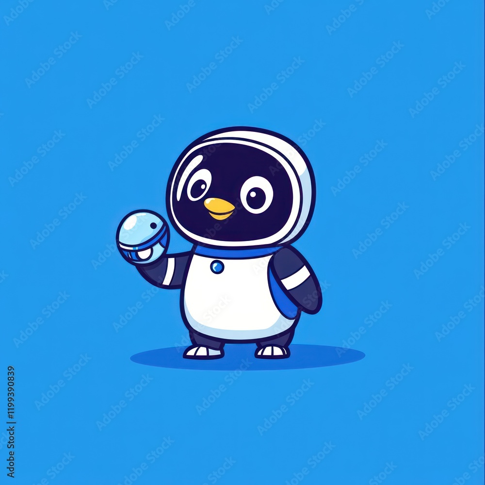 Obraz premium Penguin robot holds a blue ball on blue backdrop for mascot, icons, or stickers