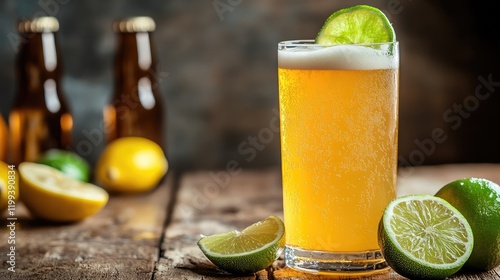Probiotic Beer Shandy with Lime and Lemon in Glass on Wooden Table with Bottles in Brewery Taproom German Beer Garden Style Amber Gold Colors