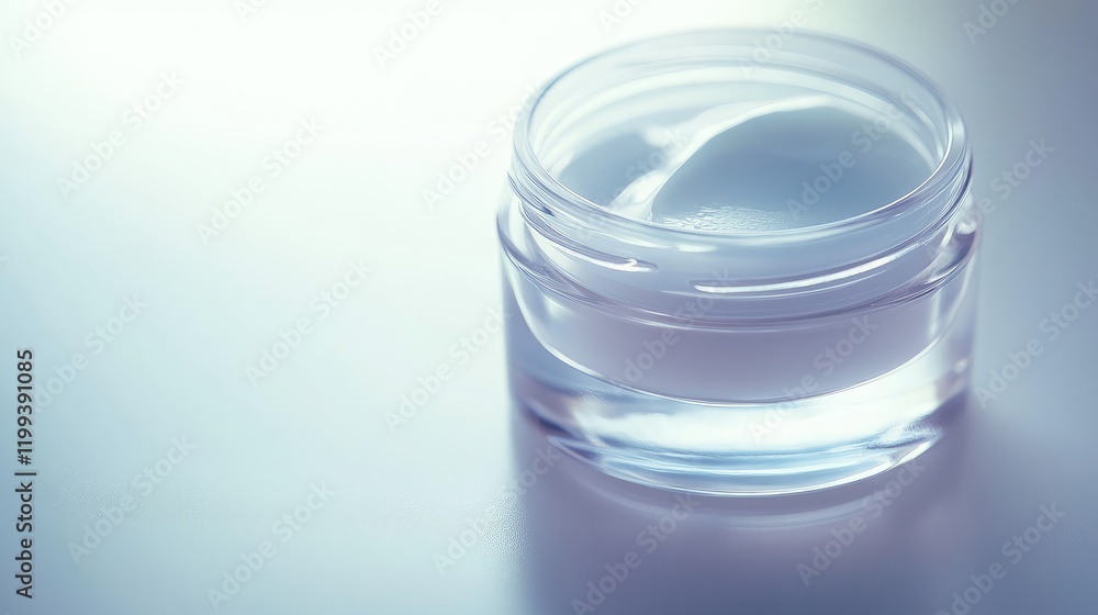 Dermatological skincare cream in clear jar on reflective surface with soft lighting and empty space for copy or branding design elements Dermatological skincare cream in clear jar on reflective surface with soft lighting and empty space for copy or branding design elements