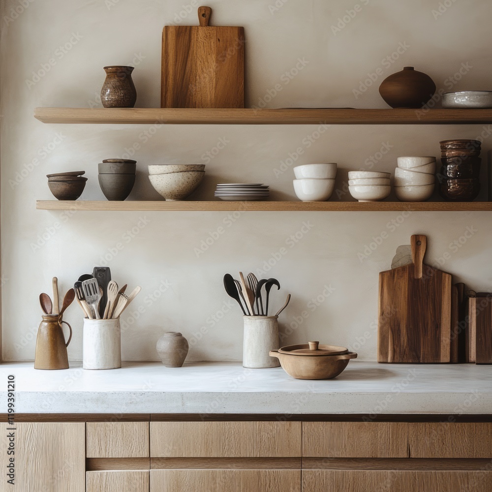 Minimalist Kitchen Shelves Displaying Earthenware and Wooden Utensils Minimalist Kitchen Shelves Displaying Earthenware and Wooden Utensils