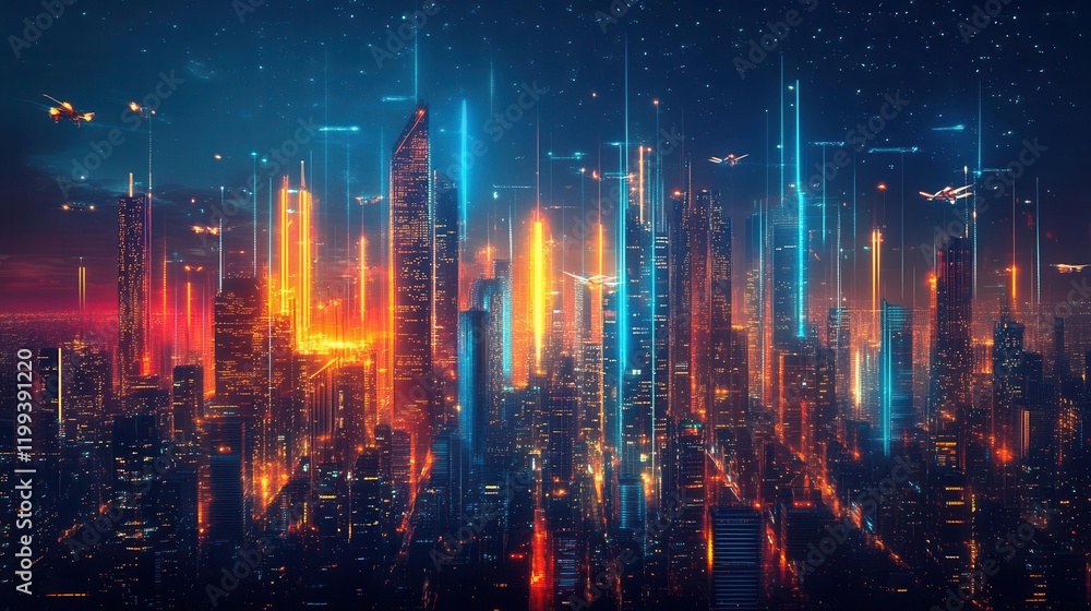 Naklejka premium A vibrant, futuristic city skyline illuminated by colorful lights, showcasing a blend of technology and urban life against a dark backdrop.