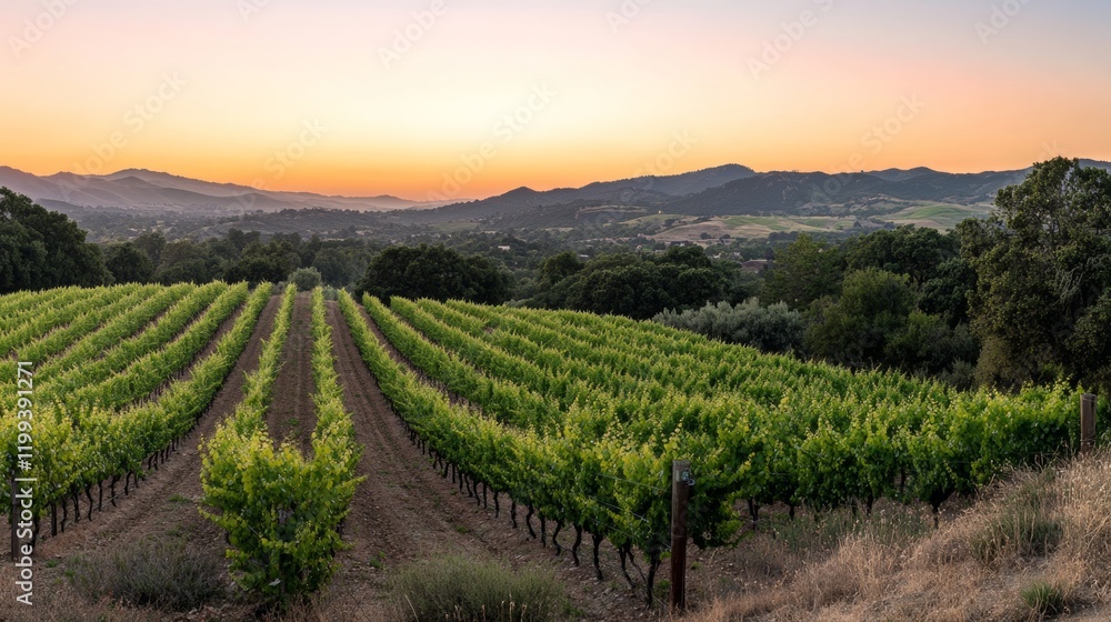 A panoramic view of rolling hills covered in green vineyards at sunset, A panoramic view of rolling hills covered in green vineyards at sunset,
