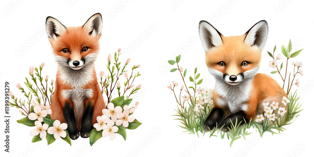 Fototapeta premium Cute foxes surrounded by flowers, showcasing their playful nature and charm