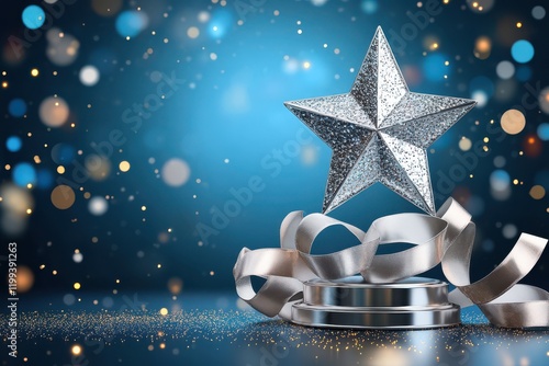 Celebration award ceremony festive setting silver star trophy sparkling environment close-up view achievement recognition