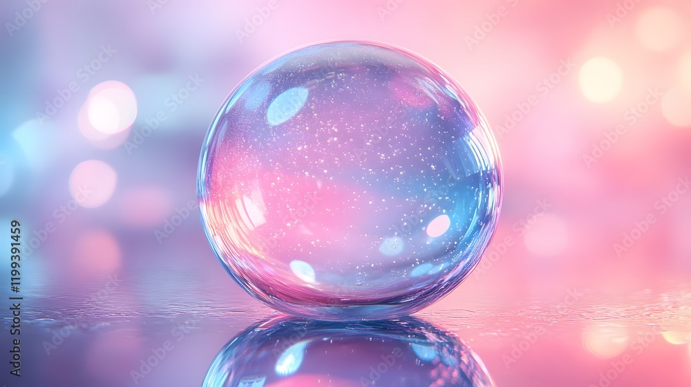 Iridescent soap bubble floats against soft pastel gradient background, displaying pink and blue ethereal glow. Translucent sphere shows reflective surface and light refraction in dreamy atmosphere. Iridescent soap bubble floats against soft pastel gradient background, displaying pink and blue ethereal glow. Translucent sphere shows reflective surface and light refraction in dreamy atmosphere.