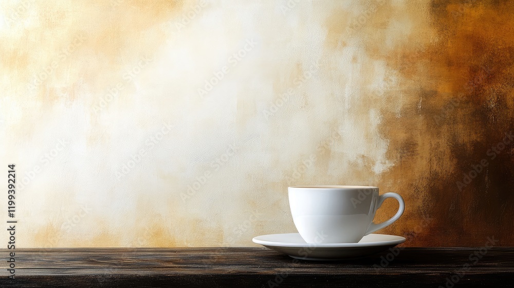 Obraz premium White coffee cup on wooden table against warm two-tone brown and gold textured background with ample copy space for text.
