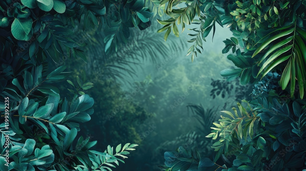 Obraz premium Lush Green Eucalyptus Forest Canopy with Vibrant Leafy Foliage and Serene Foggy Background Ideal for Nature-Themed Template or Text Overlay
