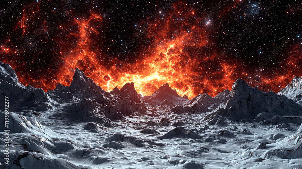 Fototapeta premium Fiery Nebula Over Icy Mountains: A Cosmic Landscape sentencesa