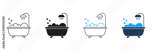 Bathtub with Showerhead and Bubbles Line and Silhouette Icon Set. Relaxing Bath Time with Foam Symbol. Editable Stroke. Isolated Vector Illustration