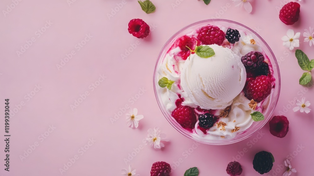 Fototapeta premium Homemade ice cream topped with fresh raspberries, blackberries, and mint on a pastel pink backdrop with decorative flowers and free space for text.