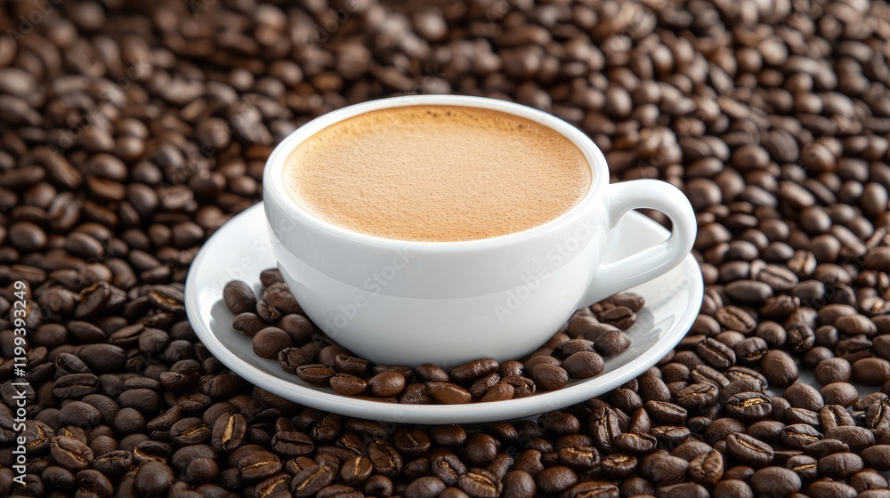 Freshly brewed cup of coffee in a white saucer surrounded by dark roasted coffee beans on a textured brown background with empty space for text Freshly brewed cup of coffee in a white saucer surrounded by dark roasted coffee beans on a textured brown background with empty space for text