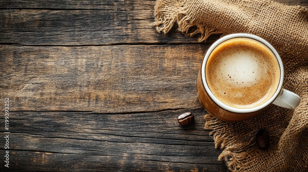 Rustic wooden tabletop featuring a steaming cup of rich brown coffee and roasted coffee bean with empty burlap space for text and decorative elements Rustic wooden tabletop featuring a steaming cup of rich brown coffee and roasted coffee bean with empty burlap space for text and decorative elements