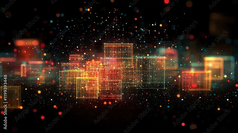 Obraz premium A vibrant digital abstract background featuring illuminated boxes and particles, creating a sense of depth and movement.