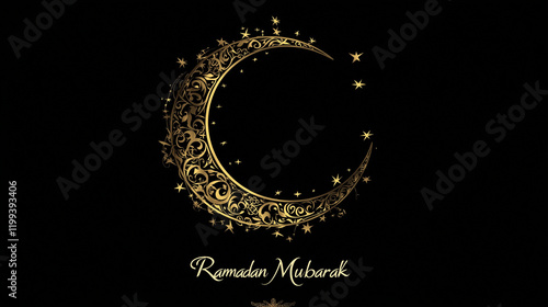 A sleek design with a black background and a central crescent moon made of gold foil. Surround the moon with delicate gold stars and intricate patterns