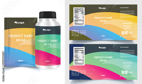 Vitamin label sticker design, natural multi food supplement banner packaging, jar label.