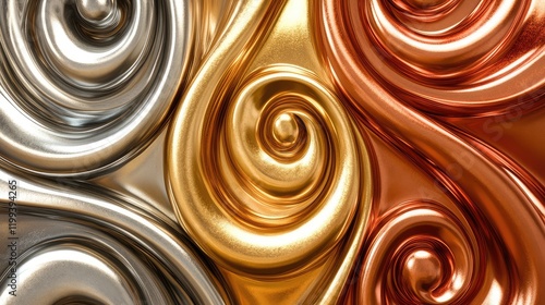 Colorful metallic swirls in gold, silver, and copper tones with ample empty space for text placement. photo