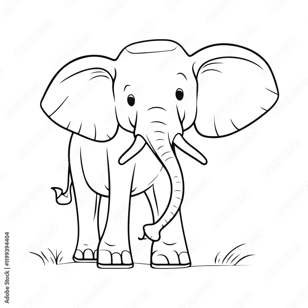 Naklejka premium A black and white drawing of a African Elephant coloring page illustration.