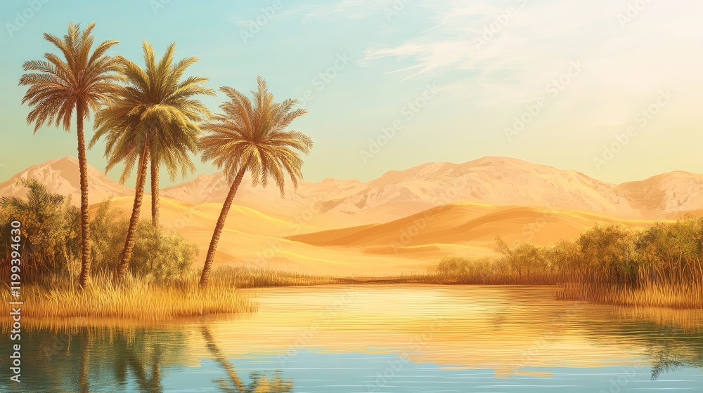 Obraz premium Desert oasis featuring palm trees and dates in a bright landscape with water reflections