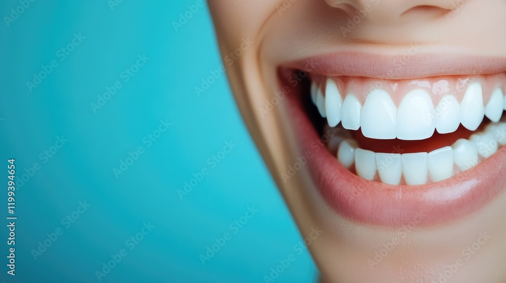 Obraz premium Radiant Smiling Teeth Against Soft Blue Background with Dental X-ray Concept Showcasing Youthful Jaws and Space for Text Integration