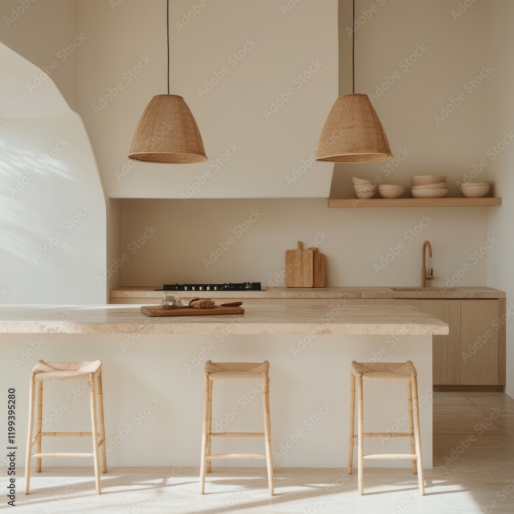 Obraz premium Minimalist Kitchen Island with Woven Lamps and Stools