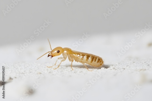 Close-up of a light brown termite walking on a white textured surface. photo