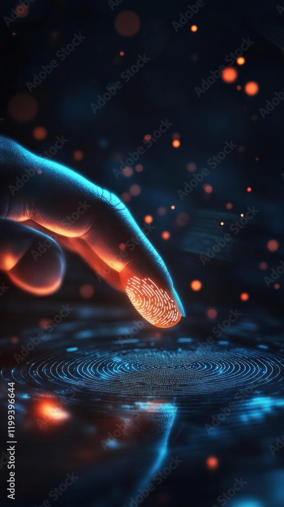 Digital fingerprint on a glowing surface with vibrant particles Digital fingerprint on a glowing surface with vibrant particles