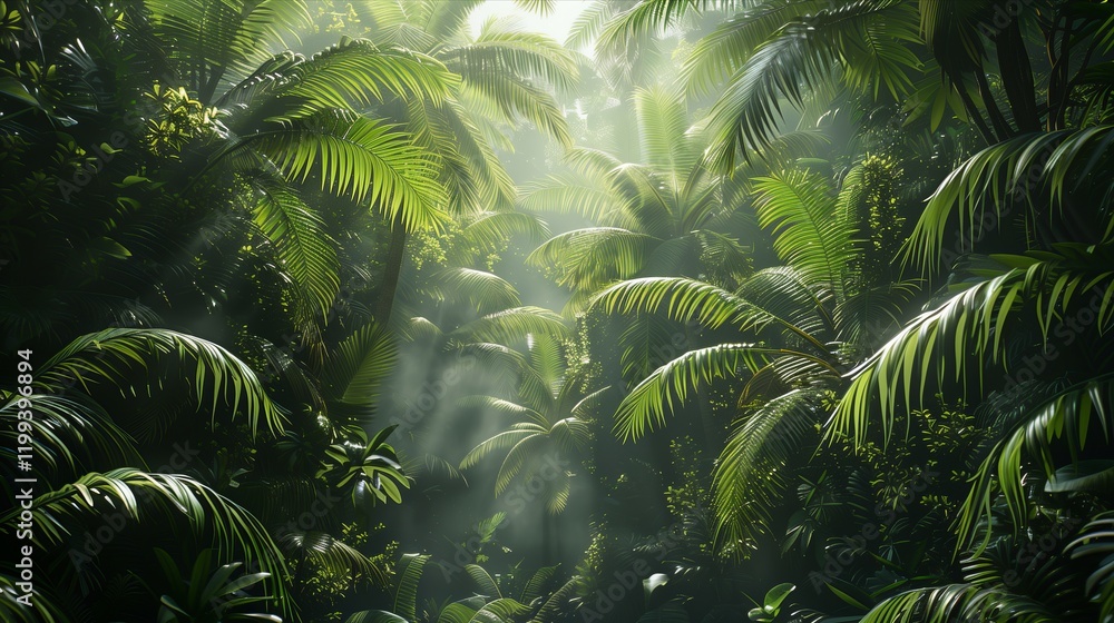 Fototapeta premium Lush green foliage with sunlight filtering through dense tropical plants, creating a serene and tranquil atmosphere.