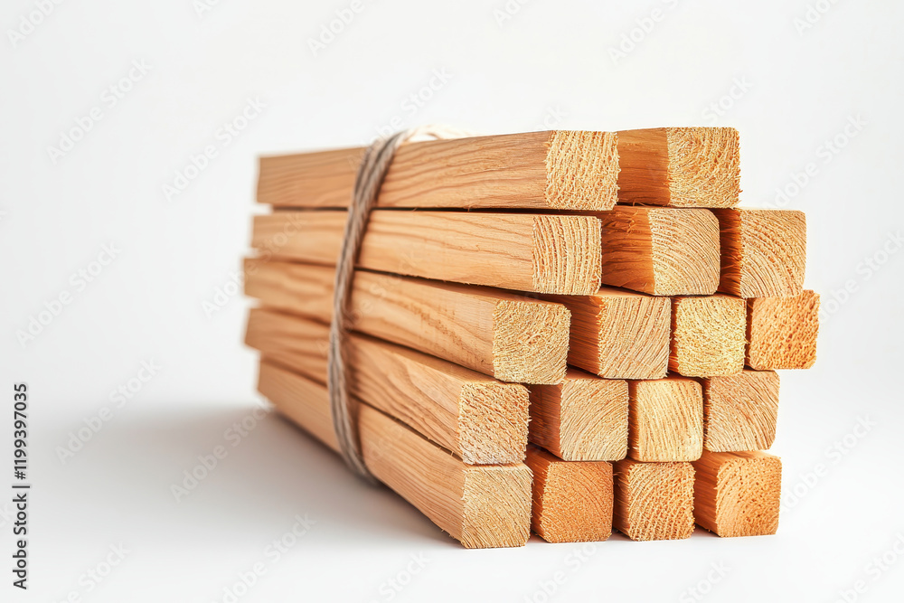 A bundle of wooden planks tied together, perfect for construction projects. A bundle of wooden planks tied together, perfect for construction projects.