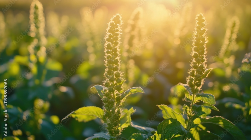 Sunlit Plant Stalks at Golden Hour in Agricultural Field Landscape Scenery Sunlit Plant Stalks at Golden Hour in Agricultural Field Landscape Scenery