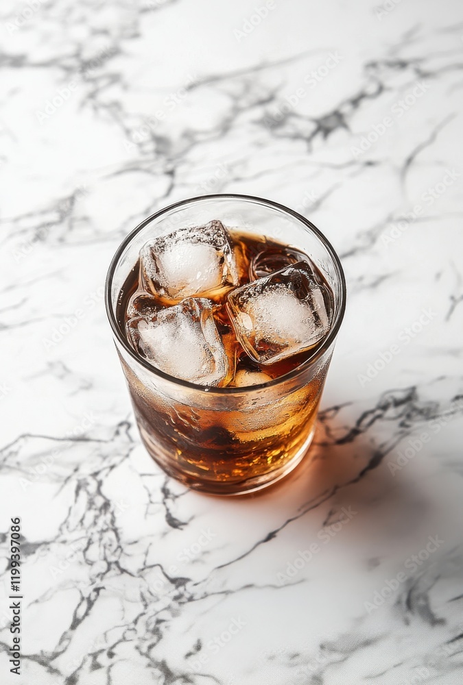 Refreshing Beverage in a Clear Glass Filled with Ice Cubes on a Stylish Marble Surface, Perfect for Quench and Relaxation Moments Refreshing Beverage in a Clear Glass Filled with Ice Cubes on a Stylish Marble Surface, Perfect for Quench and Relaxation Moments