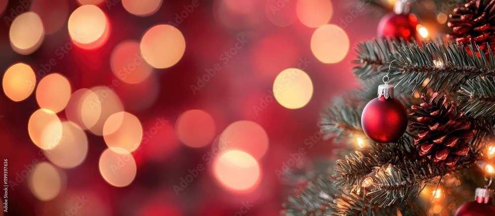 Defocused red bokeh lights background with Christmas ornaments and pinecones in the foreground creating a festive atmosphere for holiday text placement