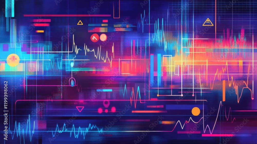 Obraz premium Abstract digital visualization of colorful data streams and graphs representing analytics