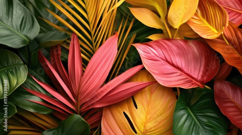 Vibrant tropical foliage featuring green, red, yellow, and orange leaves arranged densely with a warm undertone and ample negative space for text. photo