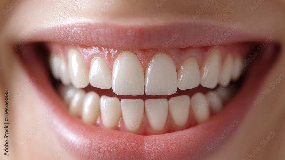 Fototapeta premium Close-up of a smiling woman's perfect white teeth showcasing dental implants and teeth correction with soft lighting and empty space for text.