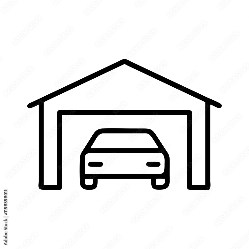 Garage line icon with parked car for automotive storage Garage line icon with parked car for automotive storage