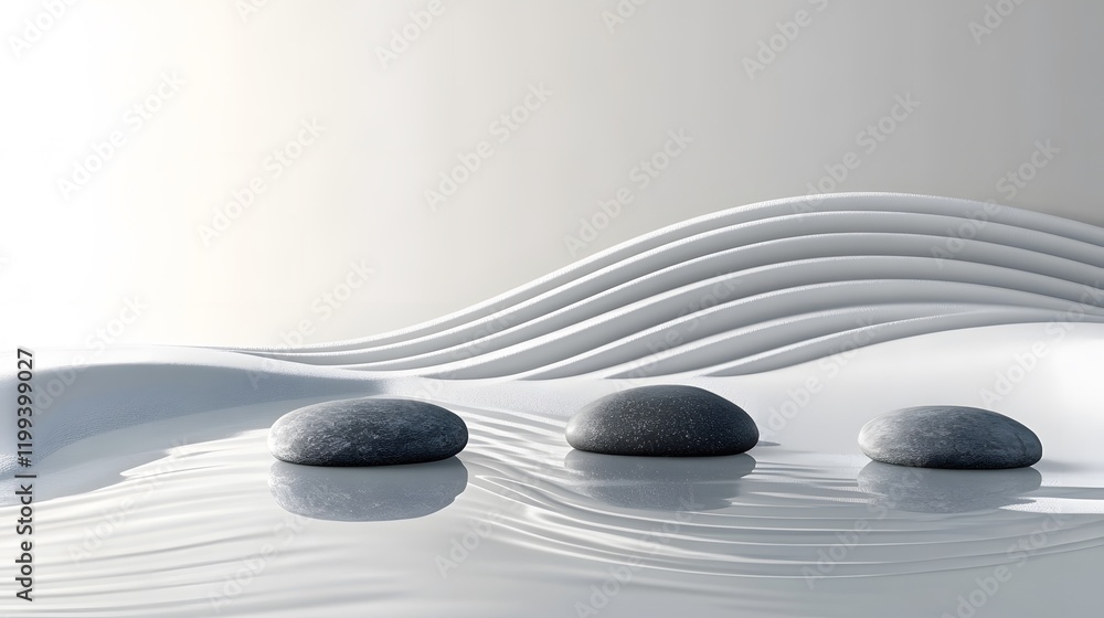 Fototapeta premium Zen garden showcases white fine sand with elegant wave patterns and smooth raked lines, complemented by natural grey stones in minimalist Japanese design with dramatic side lighting.