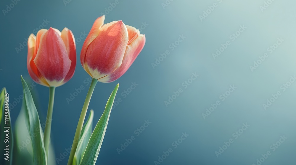 Fototapeta premium Vibrant tulip blooms in spring with blue backdrop and ample space for text.
