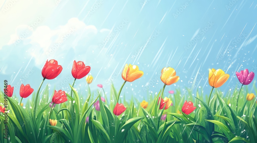 Fototapeta premium Vibrant tulip blossoms in a bright spring meadow under a clear blue sky